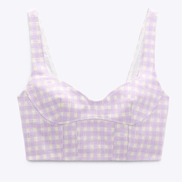 NWT- ZARA LILAC GINGHAM BUSTIER TOP- SIZE S - Picture 1 of 7